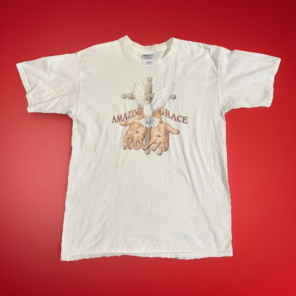 Vintage Amazing Grace Christian T Shirt Men’s Large White Graphic Tee